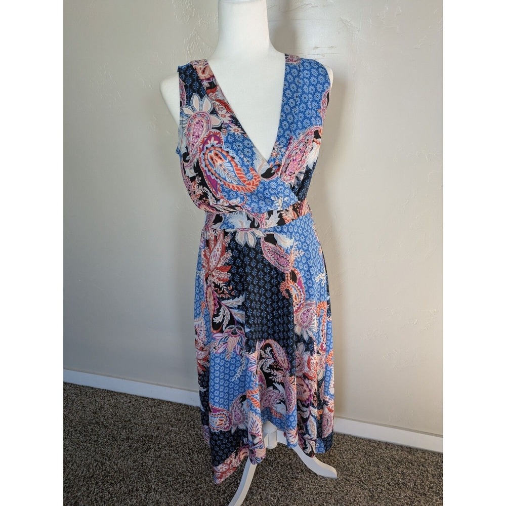 Chenault Midi Dress Womens 6 Blue Paisley Faux Wrap Handkerchief Hem V-Neck Boho